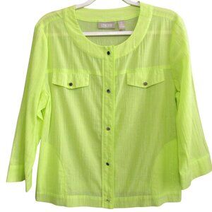 Chicos Neon Yellow Metallic Thread Button Up Top Size L 2 Sheer 3/4 Sleeve